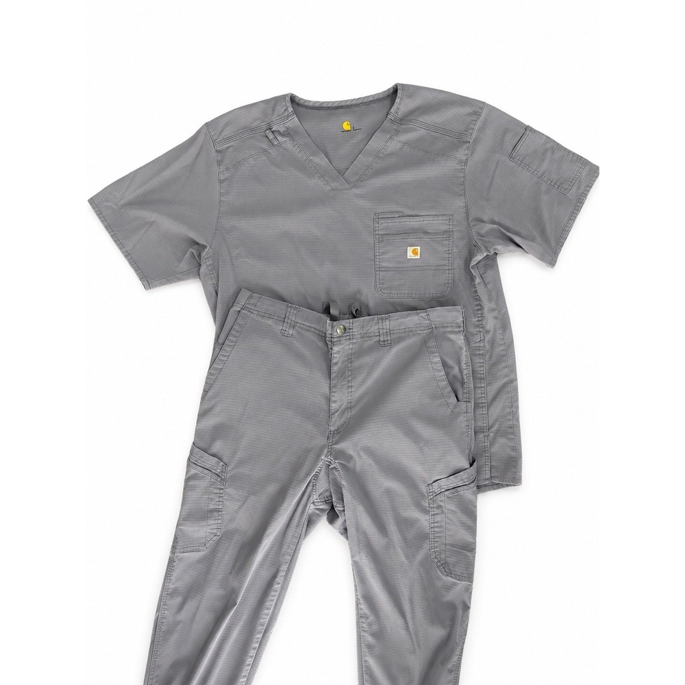 Carhartt Scrub Set Men's Large‎ Gray Cargo Pants V-Neck Top Medical Uniform